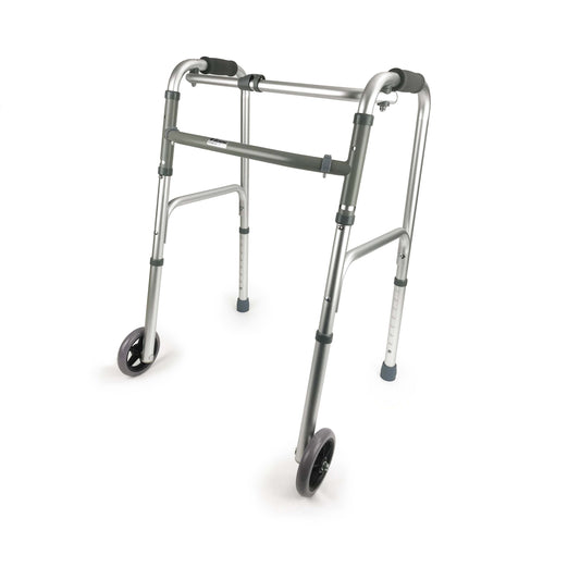 Andador plegable con 2 ruedas y 2 apoyos con goma para poder apoyarse y ruedas para poder avanzar con mayor facilidad