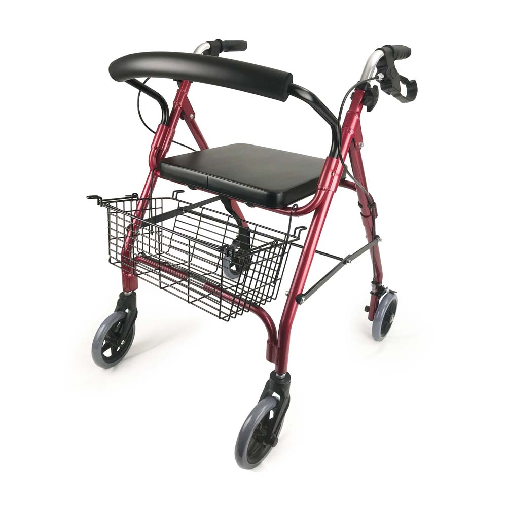 Andador con 4 ruedas asiento y canasto para ayudar en la movilidad, posee un apoya respaldo para descansar