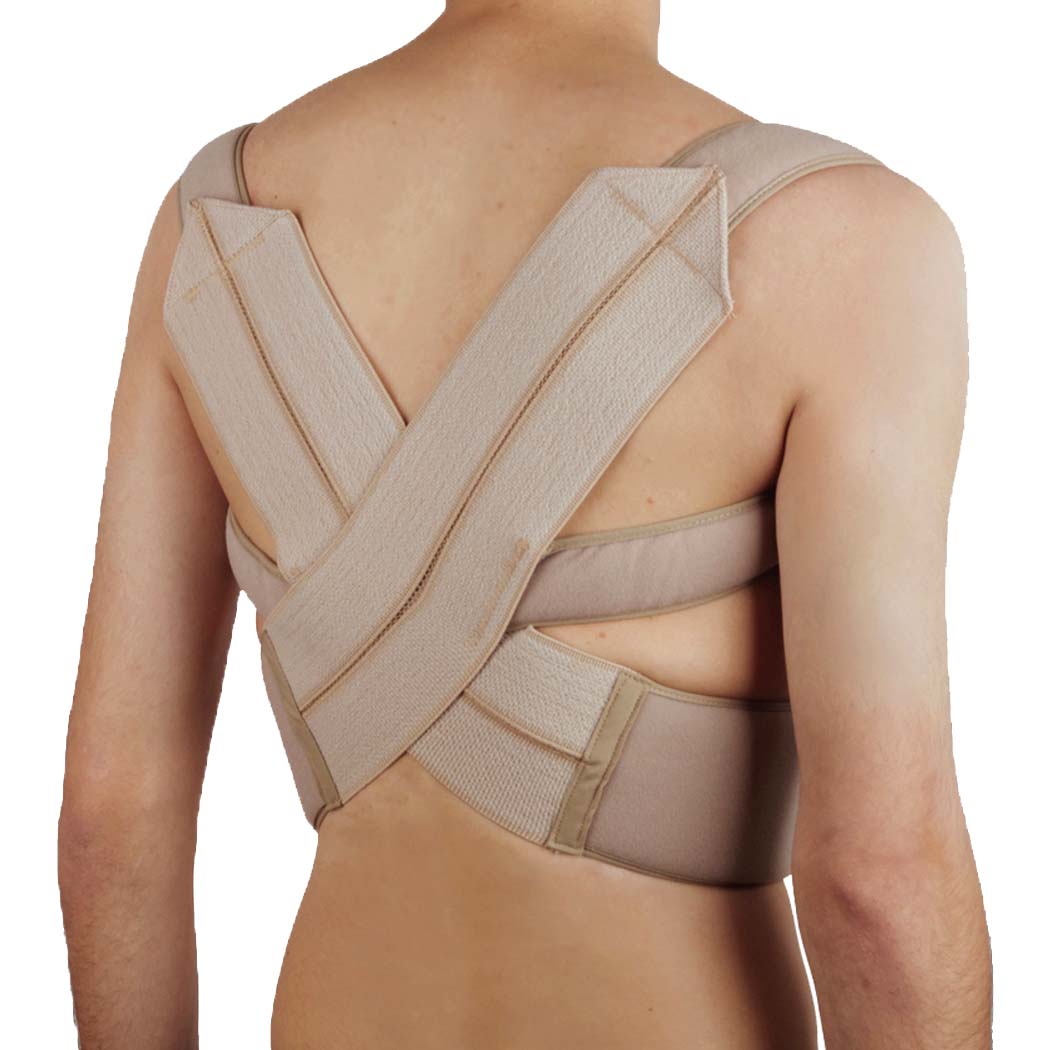corrector de hombro con bandas en los hombros que se cruzan por la espalda y una banda en el abdomen